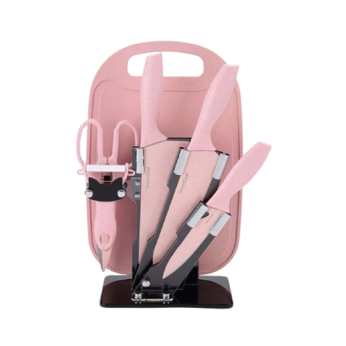 pink 7 in 1 knife set with holder